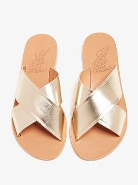Ancient Greek Sandals Metallic Gold Leather Crisscross Slides